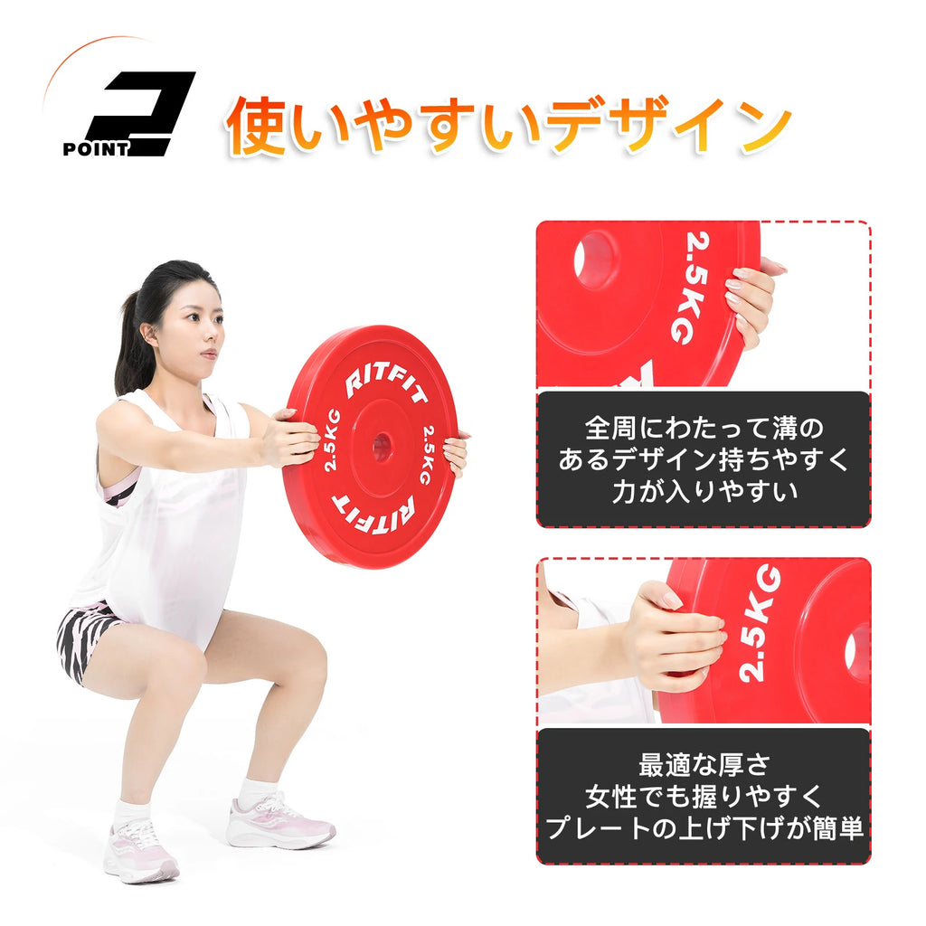 RitfitPEバーベルプレートの全周にわった溝のあるデザインが持ちやすく、力が入りやすい。最適な厚さ、女性でも握りやすく。プレートの上げ下げが楽